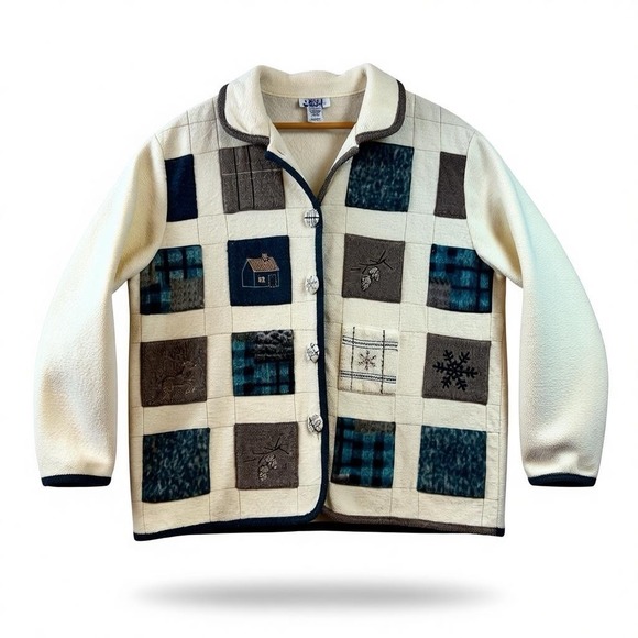 Teddi Jackets & Blazers - Vintage Patchwork Fleece Jacket Cabin Snowflake Winter Cottagecore L